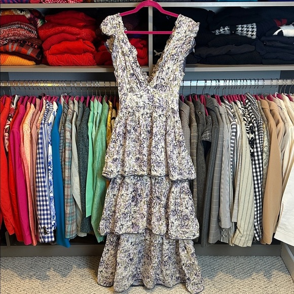 Happy X Nature Dresses & Skirts - Happy X Nature white/purple floral v neck tiered back tie maxi dress size 4